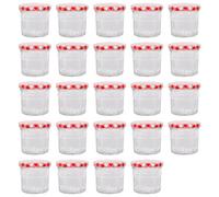 Argon Tableware Glass Jam Jars with Airtight Red Gingham Lids - 130ml - Pack of 24 - Empty Screw Top Kitchen Storage Jar for Food, Honey, Spice, Pickling, Preserving, Candle Making