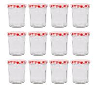 Argon Tableware Glass Jam Jars with Airtight Red Gingham Lids - 250ml - Pack of 12 - Empty Screw Top Kitchen Storage Jar for Food, Honey, Spice, Pickling, Preserving, Candle Making