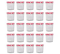 Argon Tableware Glass Jam Jars with Airtight Red Gingham Lids - 90ml - Pack of 24 - Empty Screw Top Kitchen Storage Jar for Food, Honey, Spice, Pickling, Preserving, Candle Making