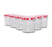 Argon Tableware Glass Jam Jars with Airtight Red Gingham Lids - 90ml - Pack of 6 - Empty Screw Top Kitchen Storage Jar for Food, Honey, Spice, Pickling, Preserving, Candle Making
