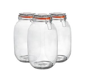 Argon Tableware Glass Jars with Airtight Metal Clip Lid - 3000ml/105.5oz - 3 Pack - 4 Colour Seals - Extra Large Container Round Preserving Jar for Pickling, Chutney, Jam, Coffee, Biscuit