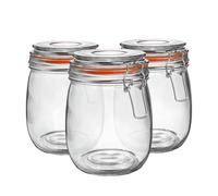 Argon Tableware Glass Jars with Airtight Metal Clip Lid - 750ml/26.4oz - 3 Pack - 4 Colour Seals - Kitchen Container Round Preserving Jar for Pickling, Chutney, Jam, Coffee