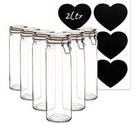 Argon Tableware Glass Jars with Airtight Metal Clip Lid and Heart Labels - 2000ml/70.3oz - 6 Pack - 4 Colour Seals - Extra Large Storage Container Round Preserving Jar for Pasta