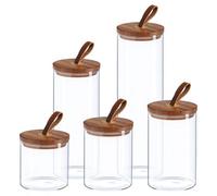 Argon Tableware Scandi Storage Jars Set with Leather Loop Lids - 5pc - Modern Round Organisation Container Glass Jar for Kitchens, Pantry, Bathrooms, Utility Rooms