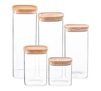 Argon Tableware Glass Storage Jar Set With Airtight Wooden Lids - 5 Sizes - Square Cube Kitchen Storage Container Preserving Jars