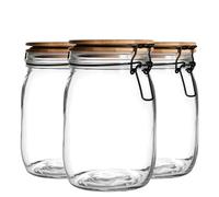 Argon Tableware Glass Storage Jar with Airtight Wooden Clip Lid - 1000ml - 3 Pack - Kitchen Container Round Preserving Jar for Pickling, Chutney, Jam, Coffee, Oats