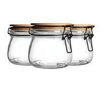 Argon Tableware Glass Storage Jar with Airtight Wooden Clip Lid - 500ml - 6 Pack - Kitchen Container Round Preserving Jar for Pickling, Chutney, Jam, Coffee, Oats