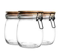 Argon Tableware Glass Storage Jar with Airtight Wooden Clip Lid - 750ml - 3 Pack - Kitchen Container Round Preserving Jar for Pickling, Chutney, Jam, Coffee, Oats