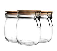 Argon Tableware Glass Storage Jar with Airtight Wooden Clip Lid - 750ml - 3 Pack - Kitchen Container Round Preserving Jar for Pickling, Chutney, Jam, Coffee, Oats