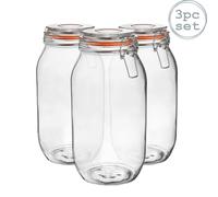 Argon Tableware Glass Jar with Airtight Metal Clip Lid - 2000ml/70.3oz - 3 Pack - 4 Colour Seals - Extra Large Storage Container Round Preserving Jar for Pickling, Chutney, Jam, Coffee, Biscuit