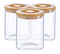 Argon Tableware Glass Storage Jars - Carved Wood Lid - 750Ml - Modern Round Scandi Organisation Container Glass Jar - Set Of 3