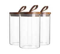 Argon Tableware Scandi Storage Jars with Leather Loop Lids - 1000ml - 3 Pack - Modern Round Organisation Container Glass Jar for Kitchens, Pantry, Bathrooms, Utility Rooms