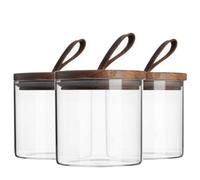 Argon Tableware Glass Storage Jars - Leather Loop Lid - 550Ml - Modern Round Scandi Organisation Container Glass Jar - Set Of 6