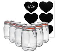 Argon Tableware Glass Storage Jars with Heart Labels 1L Clear Pack of 6 Argon Tableware Clear