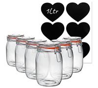 Argon Tableware Glass Storage Jars with Labels - Vintage Food Preserving Container - Clip Lid - 1 Litre - Orange, White, Clear & Black Seals - Pack of 6