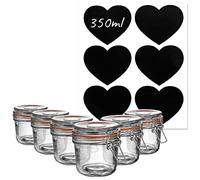 Argon Tableware Glass Storage Jars with Labels - Vintage Food Preserving Container - Clip Lid - 350ml - Orange, White, Clear & Black Seals - Pack of 6