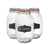 Argon Tableware 3X Glass Storage Jars & Labels Set - 3L/105.5Oz - 4 Colour Seals Airtight Kitchen Storage Container Preserving Jar