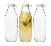 Argon Tableware Glass Water Bottles 1L White Silicone Lids Clear Pack of 3 | 3 x 1L Glass Water Bottles, White Silicone Lids, Vintage Milk Bottle Style, Smooth Pouring, Drinks Serving And Wedding Decor
