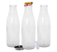 Argon Tableware Glass Milk Bottles with Lids - 960ml - Pack of 3 - Metal Lids Empty Clear Reusable BPA Free Water Bottle Orange Juice Container for Fridge Storage, Picnics, Weddings