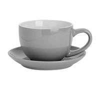 Argon Tableware Grey Cappuccino Cup with Saucer - 250ml Dishwasher Safe Gloss Stoneware Cappuccino Cups and Saucer Set Coffee Mugs with Handle and Grooved Plate