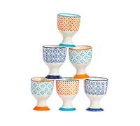 Argon Tableware Hand Printed Egg Cups - Pack of 6 - Multicolour Assorted Set Porcelain Breakfast Brunch Easy Clean Hard Soft Boiled Eggs Dipping Holder Stand for Breakfast, Brunch