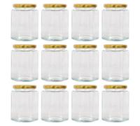 Argon Tableware 250ml Hexagonal Glass Jam Jars with Gold Lids - 12x Empty Screw Top Kitchen Food Honey Spice Chutney Preserving Canning Storage Jar Container Glasses Set