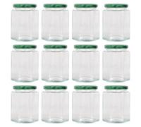 Argon Tableware 250ml Hexagonal Glass Jam Jars with Green Lids - 12x Empty Screw Top Kitchen Food Honey Spice Chutney Preserving Canning Storage Jar Container Glasses Set
