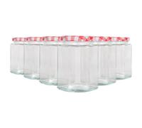 Argon Tableware Hexagonal Glass Jam Jars with Red Gingham Lids - 250ml - Pack of 6, Red