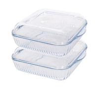 Argon Tableware Optical Square Glass Oven Dishes with Lid - 24cm x 21cm - 2x Large Deep Baking Casserole Lasagne Roasting Roaster Cooking Tray Bowl | Microwave Safe, Freezer Safe