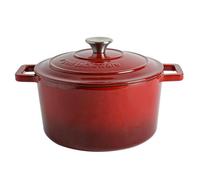 Argon Tableware 4.5L Round Cast Iron Casserole Dish with Self-Basting Lid - Red Ombre - 1x Induction Hob Cooking Dutch Oven Bread Baking Serving Roasting Stew Stock Pot Cookware Pan