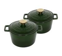Argon Tableware Round Cast Iron Casserole Dishes with Self-Basting Lid - 2.8L - Green - 2x Induction Hob Cooking Dutch Oven Bread Baking Serving Roasting Stew Stock Pot Cookware Pan