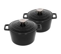 Argon Tableware Round Cast Iron Casserole Dishes with Self-Basting Lid - 2.8L - Matt Black - 2x Induction Hob Cooking Dutch Oven Bread Baking Serving Roasting Stew Stock Pot Cookware Pan