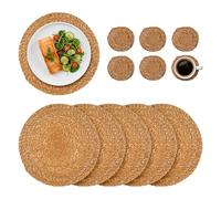 Argon Tableware 12Pc Round Placemats & Coasters Set - Woven Typha Kitchen Dining Table Mats Drinks Coaster Protector Mats