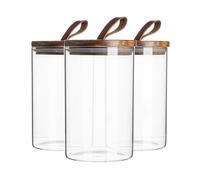 Argon Tableware Scandi Storage Jars with Leather Loop Lids - 1000ml - 3 Pack - Modern Round Organisation Container Glass Jar for Kitchens, Pantry, Bathrooms, Utility Rooms