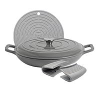 Argon Tableware Shallow Cast Iron Casserole Dish - 2.3L Slate Grey Enamel Finish, Oven Safe Dutch Oven Cookware With Lid