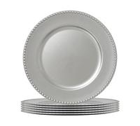 Argon Tableware Silver Charger Plates - 33cm - Dinner Set for 6 - Bead Design - Round Reusable Melamine Christmas Serving Dishes Large Dinnerware Christmas Plates Set for Party Celebrations, Weddings