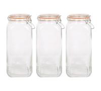 Argon Tableware 2L Square Glass Jars with Clip-top Lids - 3pc Airtight Kitchen Mason Jar Food Storage Preserving Container for Pickling, Chutney, Jam, Coffee, Oats