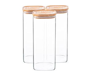 Argon Tableware Square Glass Storage Jars with Airtight Wooden Lids - 1900ml - 3 Pack - Modern Kitchen Container Preserving Jars for Pickling, Chutney, Jam, Coffee, Olives, Sugar, Spices