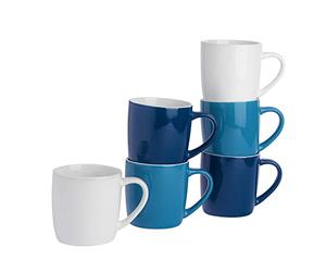 Argon Tableware Tea Coffee Mugs - 6pc Contemporary Coloured Ceramic Cups Set - 350ml - Navy Blue White