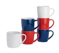 Argon Tableware Tea Coffee Mugs - 6pc Contemporary Coloured Ceramic Cups Set - 350ml - Red White Navy