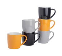 Argon Tableware Tea Coffee Mugs - 6pc Contemporary Coloured Stoneware Cups Set - 350ml - Black Grey Yellow