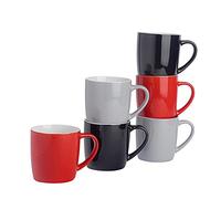 Argon Tableware Tea Coffee Mugs - 6pc Contemporary Coloured Stoneware Cups Set - 350ml - Red Black Grey