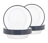 Argon Tableware White Deep Bowls - 19cm - Pack of 12 - Blue Metal Enamel Cereal Lightweight Camping Serving Bowls for Snacks, Pasta, Cereal, Salad