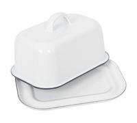 Argon Tableware Enamel Butter Dish with Lid - 18.5x10cm - Blue Rim - White Enamel Vintage Kitchen Butter Dish Fridge Cheese Storage Container for Butter, Cheese, Margarine