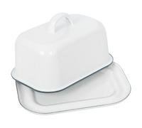 Argon Tableware Enamel Butter Dish with Lid - 18.5x10cm - Green Rim - White Enamel Vintage Kitchen Butter Dish Fridge Cheese Storage Container for Butter, Cheese, Margarine
