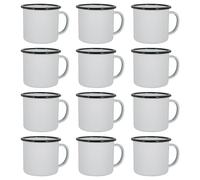 Argon Tableware White Enamel Mugs - 375ml - Black - Set of 12 Metal Drinking Cups Coffee Teacup Mug Set Hot, Cold Drinks Cups for Home, Kitchen, Dining, Travel, Camping, Hiking & Outdoor Use