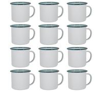 Argon Tableware White Enamel Mugs - 375ml - Green - Set of 12 Metal Drinking Cups Coffee Teacup Mug Set Hot, Cold Drinks Cups for Home, Kitchen, Dining, Travel, Camping, Hiking & Outdoor Use