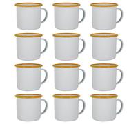 Argon Tableware White Enamel Mugs - 375ml - Yellow - Set of 12 Metal Drinking Cups Coffee Teacup Mug Set Hot, Cold Drinks Cups for Home, Kitchen, Dining, Travel, Camping, Hiking & Outdoor Use