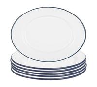 Argon Tableware Enamel Serving Platters with Blue Rims - Pack of 6-30.5 x 22.5cm White Enamel Rectangular Serving Board Food Trays for Food, Drinks at Picnics, Camping, Travels