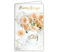 Argus 13-6143 Card with White Envelope Happy Wedding Glow with Embossed Rose Bouquet 2 Wedding Rings Box Heart Pearl Paper Beads Embossed Congratulations Traditional Style